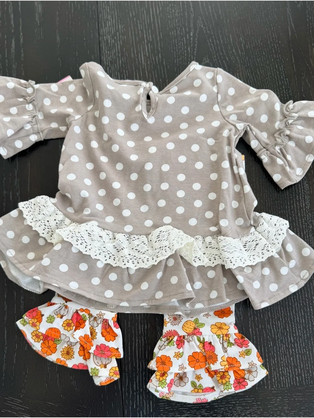 Girls Polka Dot Pumpkin Tunic & Floral Ruffle Leggings - Orange Accent